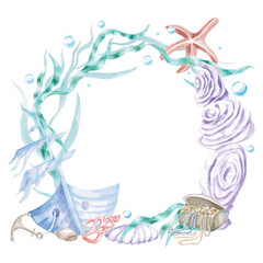 Round frame with a sunken ship, corals, a starfish and a chest. Isolated watercolor illustration of sea creatures for children's interiors, cosmetics, greeting card design and themed holidays.