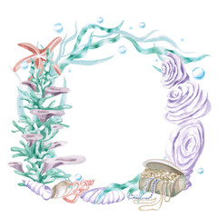 Round frame with corals, starfish and chest. Isolated watercolor illustration of sea creatures for children's interiors, cosmetics, greeting card design and themed holidays.