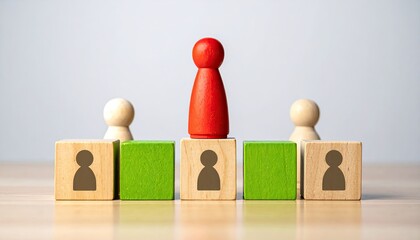 A red wooden figurine stands atop a green block, while two beige figurines stand on other wooden blocks