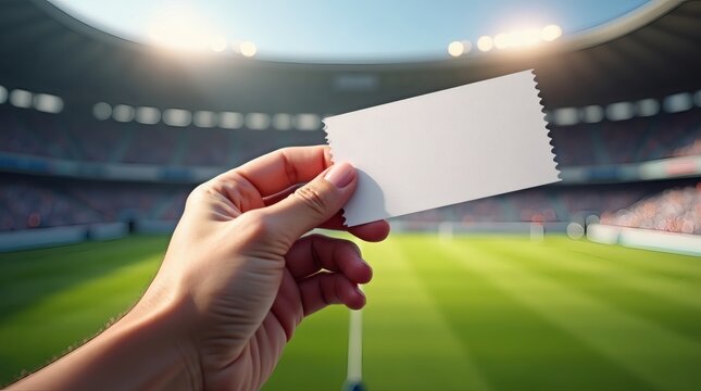 Excited fan holds event ticket at stadium ready for the big game with vibrant atmosphere and anticipation, perfect for advertising or promotion