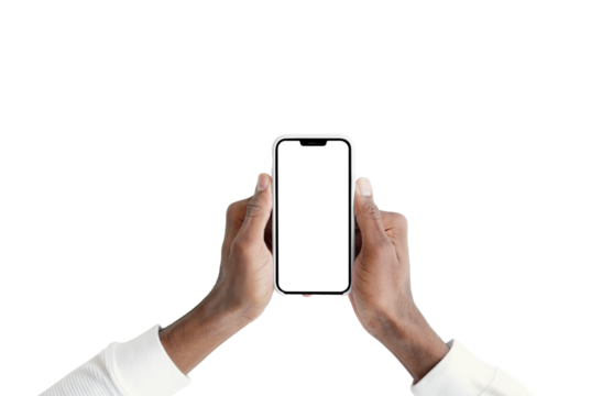 Hand holding smartphone mockup for mobile app presentation, responsive UI display, social media post design and modern branding concept