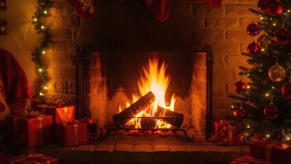 Warm Christmas Eve: Glowing Fireplace, Red Gifts, and Decorated