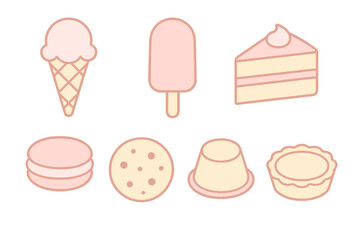 Assortment of delicious sweet desserts and frozen treats in a charming pastel color palette with simple outlines