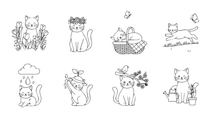 Charming hand-drawn cat illustrations adorned with flowers and nature elements vector