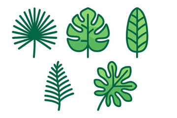 Stylized collection of diverse green tropical leaves and botanical elements, perfect for nature-themed designs, decorative patterns, and web graphics
