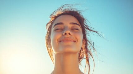 Close-up of a happy woman, hair blowing, bright sky