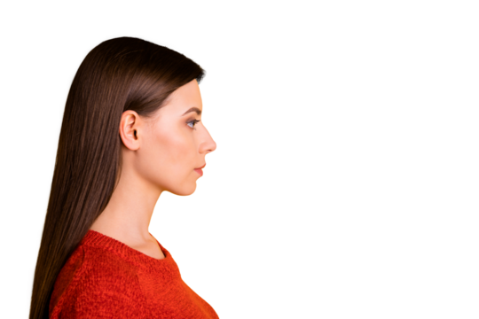 Photo of puzzled creative serious manager staring into empty space thoughtfully with confident strict facial expression isolated over vivid color background