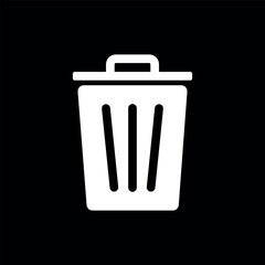 Trash Can Vector Flat White Icon Inversion on Black Background. Solid Delete Symbol, Recycle Bin.
