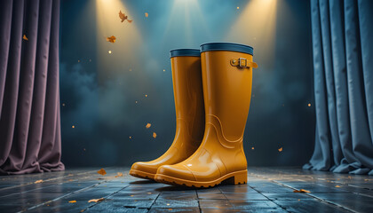 Pair of yellow rubber boots on a dark wooden floor with falling leaves rain footwear