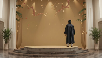 Person in graduation gown stands on circular stage with falling confetti and greenery image