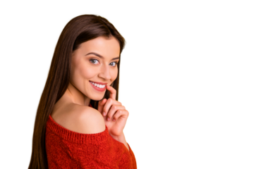 Photo of cheerful cute charming fascinatimg girlfriend touching her lip with forefinger looking at you showing her beauty smiling beaming isolated over vivid color background