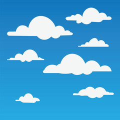 Collection of fluffy white clouds on a blue gradient sky. Perfect for children’s illustrations, weather apps, website backgrounds, or corporate presentations with a fresh and cheerful visual style.