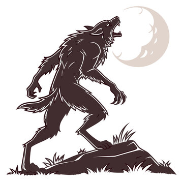 Illustration of a werewolf howling at the moon, standing on a rock, with sharp claws and teeth, in a cartoon style