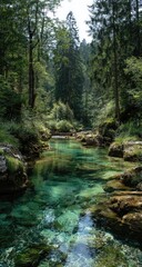 Naklejka premium Crystal-clear river flowing through a lush green forest