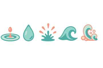 Obraz premium Stylized water elements: falling droplet with ripples, single drop, energetic splash, and two ocean wave forms