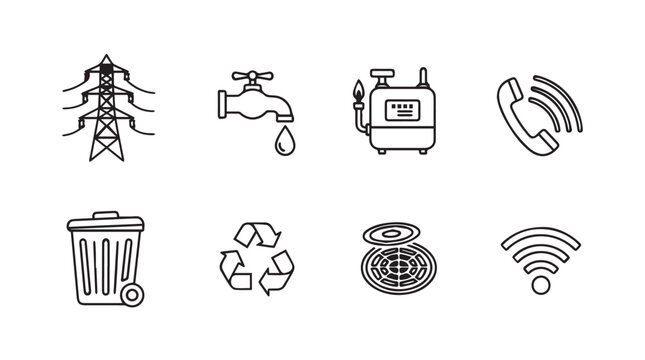 Collection of hand drawn icons representing essential services like electricity water communication and waste management vector