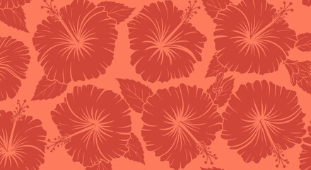 Orange hibiscus flowers form an all-over monochrome botanical pattern