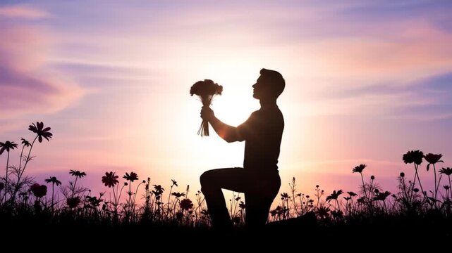 Romantic sunset proposal with a man kneeling and holding a bouquet of flowers against a colorful sky