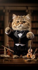 Funny Cat Conductor Directing Orchestra, Tuxedo, Musical Concept