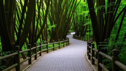 Winding Brick Path Through a Dense Bamboo Forest with Wooden Rai