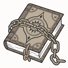 A closed book with a chain around it, symbolizing restricted knowledge or a secret, the books cover is decorated with mystical symbols