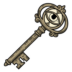 Antique key with eye mystical symbol with ornate details gothic tattoo design vector illustration for print, poster, card, or sticker