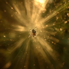 Spider in Golden Web with Sun Rays, Artistic Nature Macro