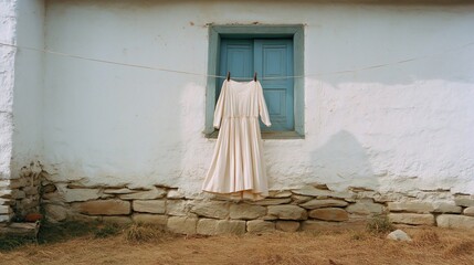 Vintage Dress Hanging by Window in Rustic Setting