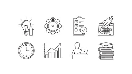 Collection of sketch style business icons representing ideas time tasks startup growth career achievement vector