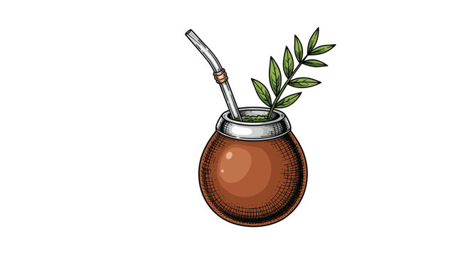 A traditional yerba mate gourd with a metal straw and a green leafy sprig on a white background.