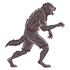 Illustration of a werewolf walking, with a gray fur, sharp claws and teeth, and a menacing expression, perfect for halloween designs and spooky themes