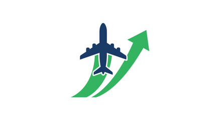 Aircraft ascending with positive trend symbolized by rising green arrow illustration