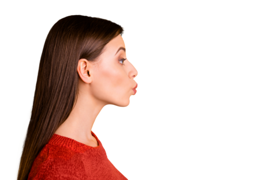 Photo of charming nice cute gorgeous attractive girlfriend kissing emptyspace with lips pouted showing her love tenderly isolated over vivid color background