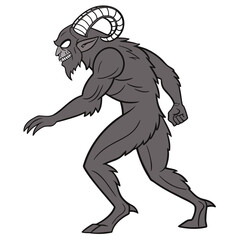 A menacing krampus figure, a horned, anthropomorphic creature from alpine folklore, is depicted in a stylized vector illustration