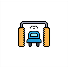 Blue car washes in automatic carwash tunnel with soap and water for clean transportation, representing convenience and efficiency.