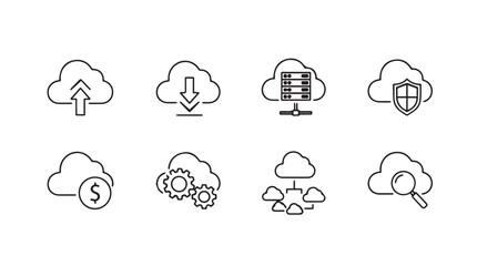 Cloud computing icons set featuring upload download data security money gears network and search concepts vector