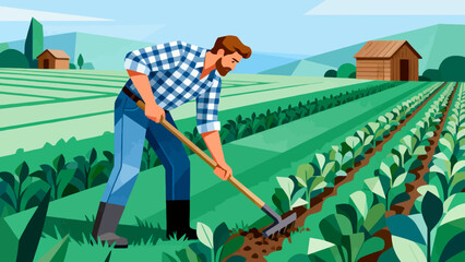 Farmers are doing farm work in the fields, with cartoon hand-drawn vector illustrations