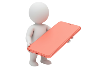 3D stick figure holding a smartphone isolated, cartoon character with mobile phone for communication and technology concepts PNG