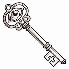 A vintage key with an eye design, , evokes mystery and intrigue, perfect for fantasy themes and symbolic representations of knowledge and secrets