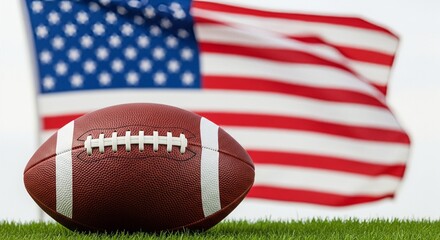 of an American football on green grass with the United States flag in the background, symbolizing sport,