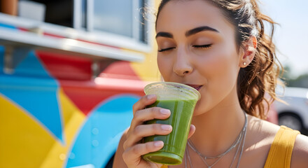 Woman enjoying green smoothie at a colorful food truck