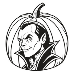 A black and white cartoon illustration of a vampire with a pumpkin background, perfect for halloweenthemed designs, invitations, and decorations