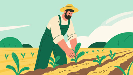 Farmers are doing farm work in the fields, with cartoon hand-drawn vector illustrations