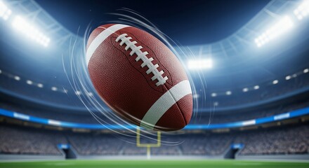 Flying American football spinning in mid-air inside a stadium under bright lights,