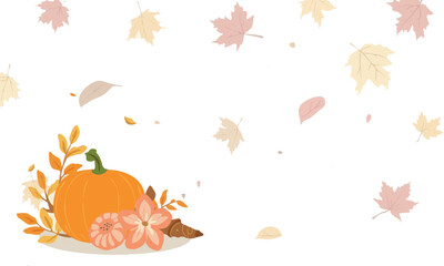 Vector design of A vibrant and stylized illustration of autumn food, including a warm orange pumpkin and a few crisp yellow leaves,