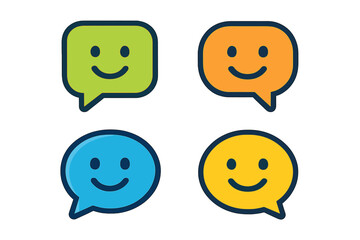 Set of colorful speech bubble icons with happy smile emoticons. Flat cartoon vector design for communication, dialogue, social network message, or customer satisfaction review.
