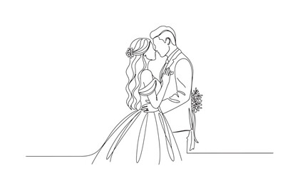 Obraz premium Bride and Groom Kissing in Simple Line Art with Minimalist Design and White Background for Wedding Invitation