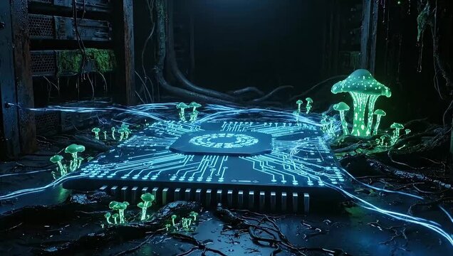 Glowing Blue Circuit Amidst Green Mushrooms in a Dark Ominous Environment