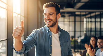 Happy Business Man Giving a Thumbs Up in Office Setting