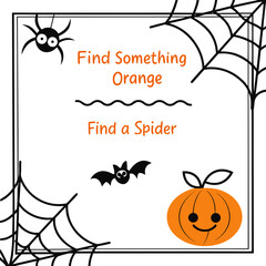 Halloween activity for kids find something orange and find a spider game with pumpkin, spider web, bat and cute spider cartoon illustration